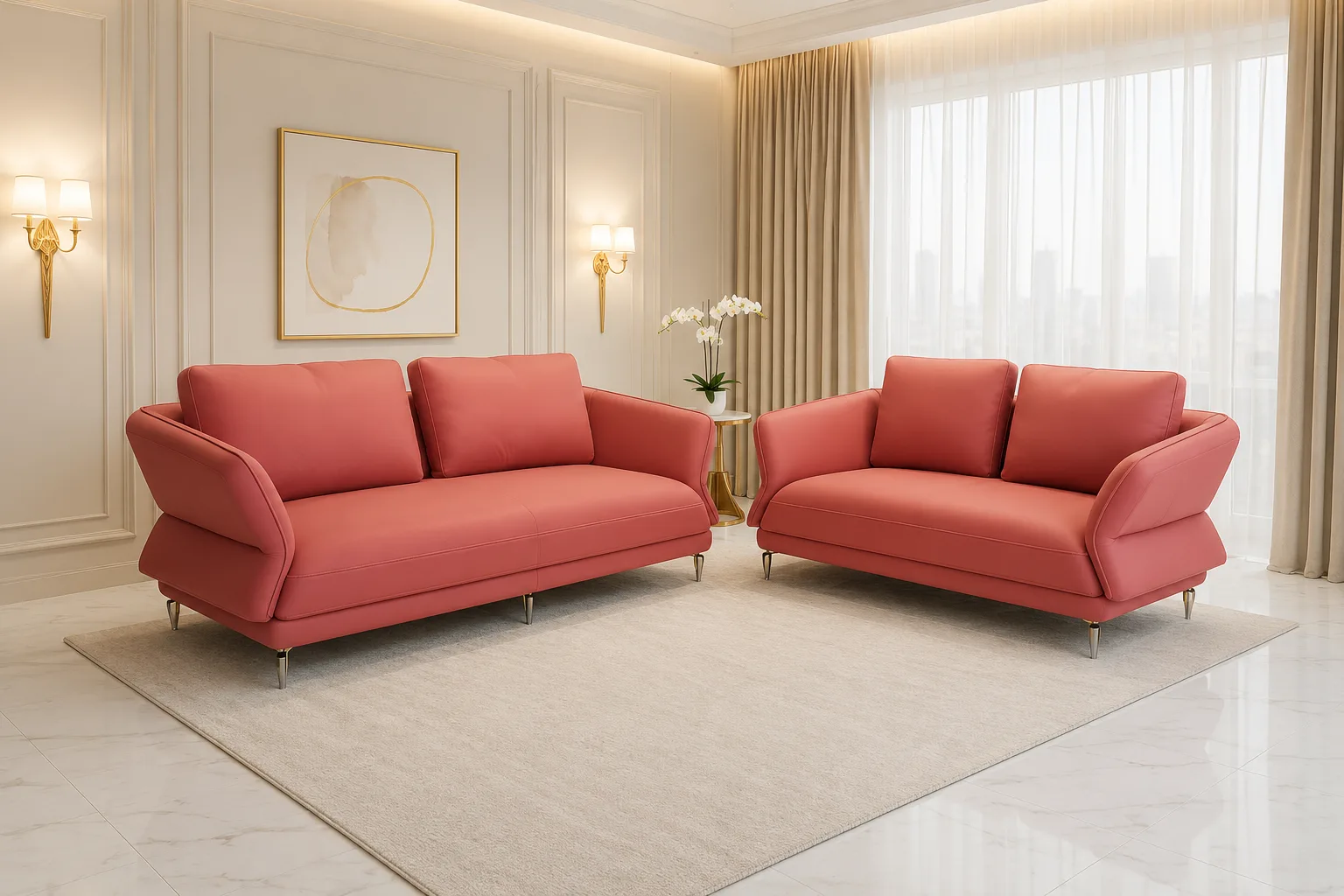 Coral sofa styled in a warm living room with a marble coffee table and natural light