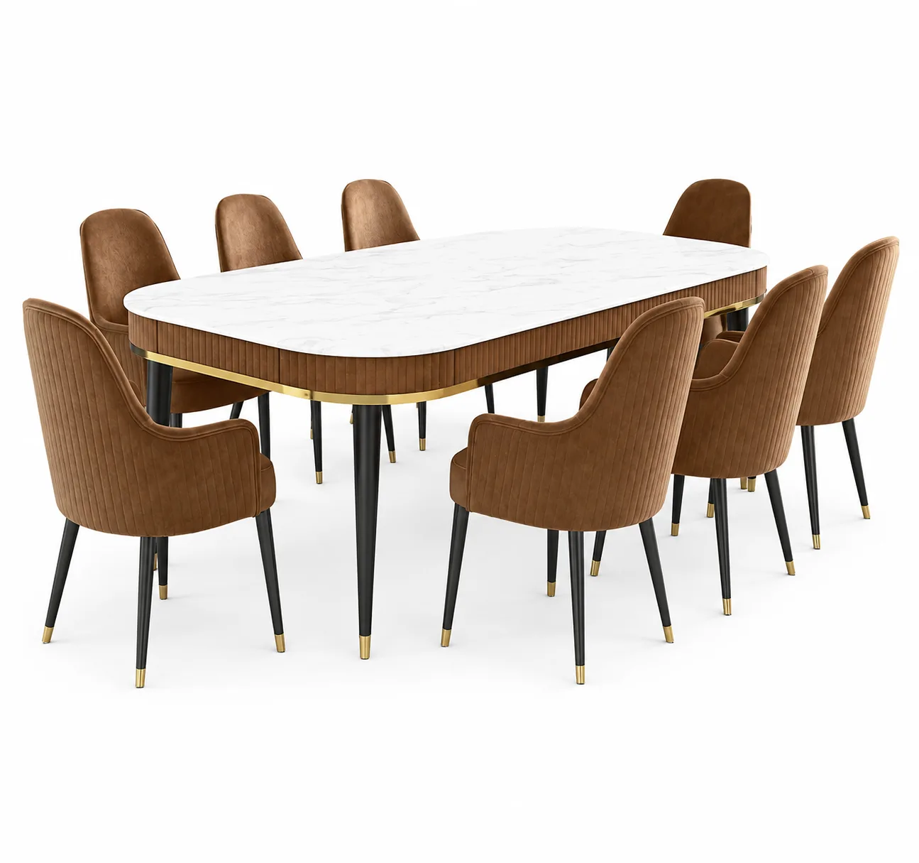 Dining table with a marble top and brass trim, styled beneath a linear pendant light