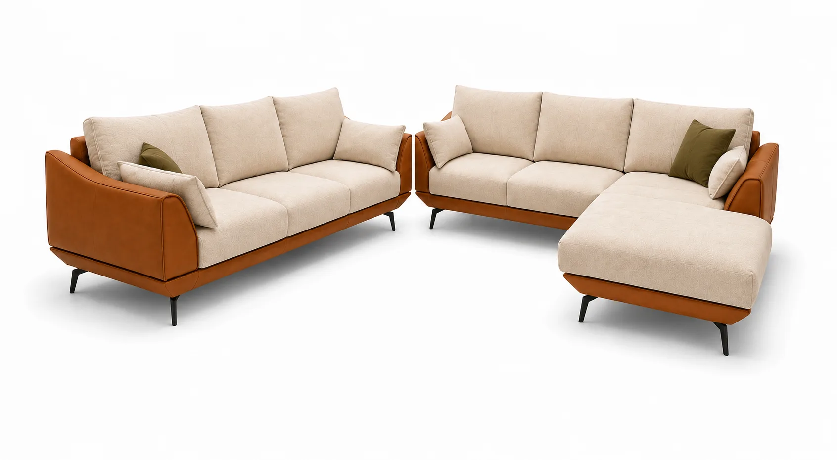 A quiet, architectural living room built around a two-tone sectional, warm timber and natural stone
