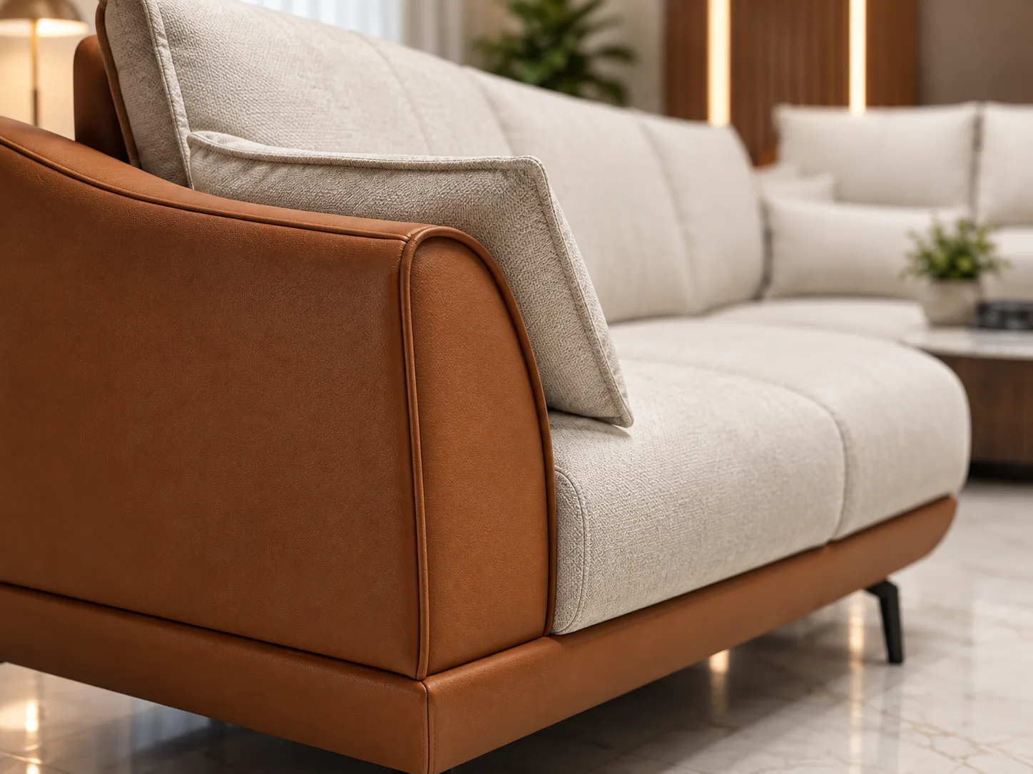 Close detail of leather and boucle fabric on a sofa arm